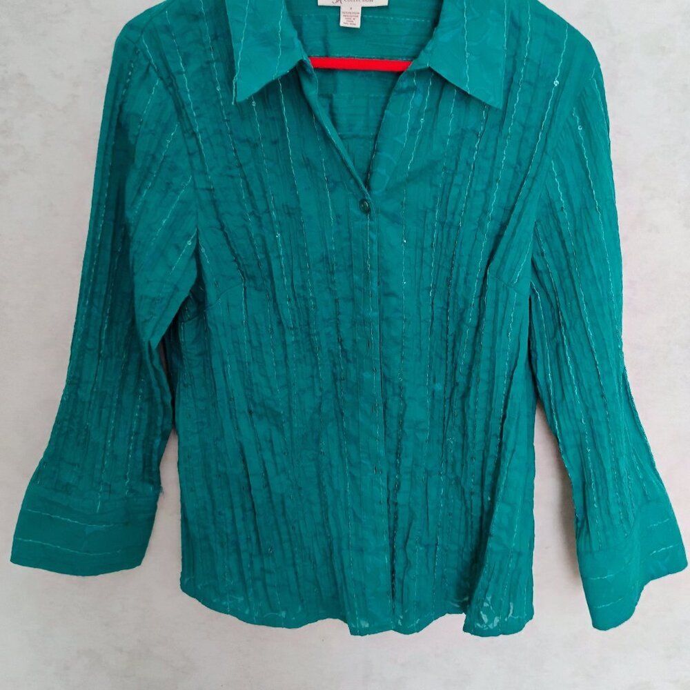 JM Collection Women's Teal Green crinkle sequin Blouse 3/4 Sleeves Size 8